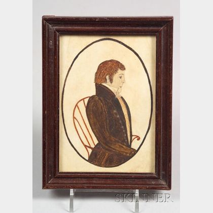 American School, 19th Century Portrait of a Man in brown Jacket Sitting on a Windsor Chair.