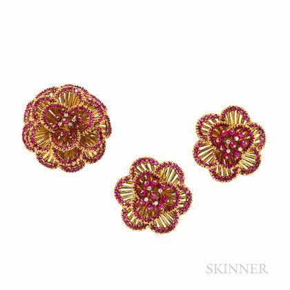 Toliro 18kt Gold, Ruby, and Diamond Earclips and Brooch