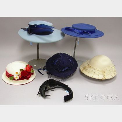 Five Vintage Brimmed Hats and a Black Feathered Headband