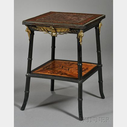 Aesthetic Movement Fruitwood-inlaid, Ebonized and Bronze-mounted Marble-top Table