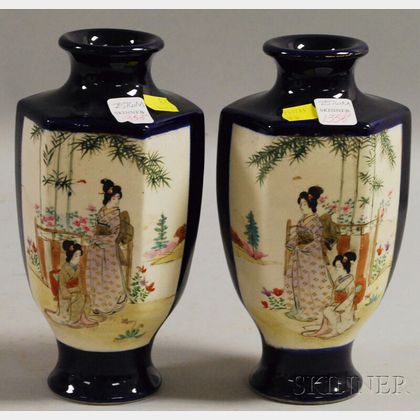 Pair of Late Japanese Hexagonal Satsuma Vases