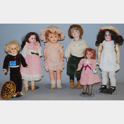 Three Bisque, One Metal Shoulder Head, and Two Composition Dolls