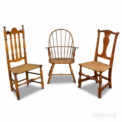 Sack-back Windsor Chair, a Chippendale Tiger Maple Chair, and a Maple Banister-back Chair. Estimate $250-350
