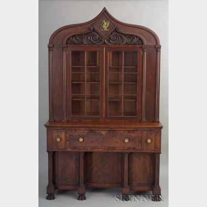 Gothic Revival Mahogany Veneer and Carved Desk and Bookcase