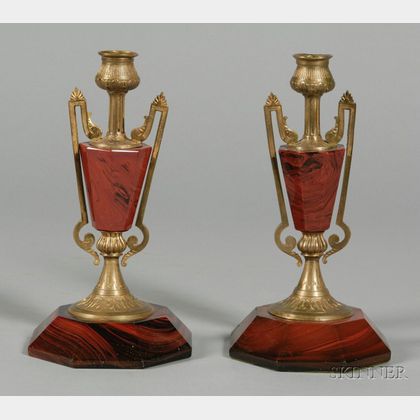 Pair of Lithyalin Glass and Ormolu Mounted Candlesticks