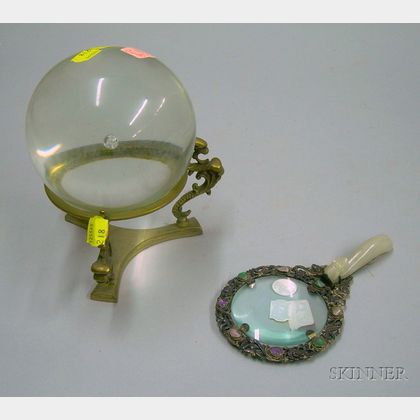 Chinese Hardstone-mounted Silver Magnifying Glass and a Colorless Glass Gazing Ball on Brass Stand. 