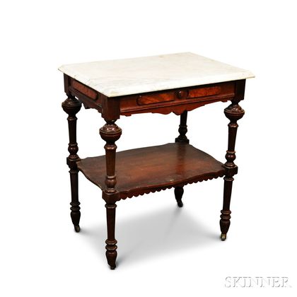 Renaissance Revival Marble-top Walnut and Burl Veneer One-drawer Table