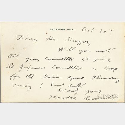 Roosevelt, Theodore (1858-1919) Autograph Note Signed 30 October 1917.