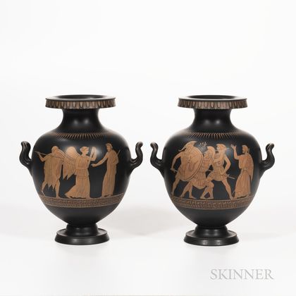 Pair of Wedgwood Encaustic Decorated Black Basalt Vases