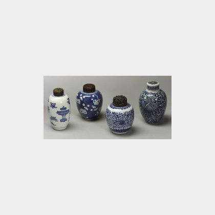 Four Blue and White Covered Jars