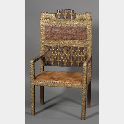 French Renaissance Style Repousse Brass-mounted and Leather "Great Chair"