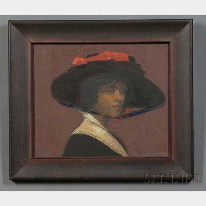 Decorative Watercolor and Gouache Drawing of a Fashionable Woman in Broad Hat