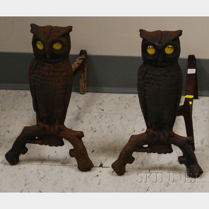 Pair of Cast Iron Owl Figural Andirons with Yellow Glass Eyes