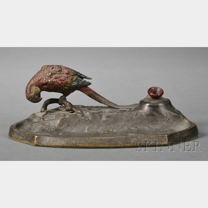 Waterman's Cold-painted Bronze Pen Stand with a Parrot