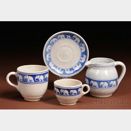 Dedham Pottery Elephant Pitcher, Mug, Teacup and Saucer