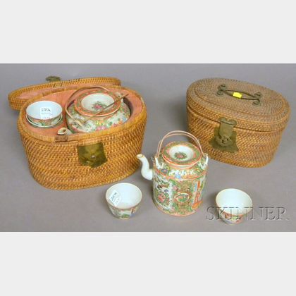 Two Chinese Export Porcelain Rose Medallion Tea Sets in Fitted Baskets