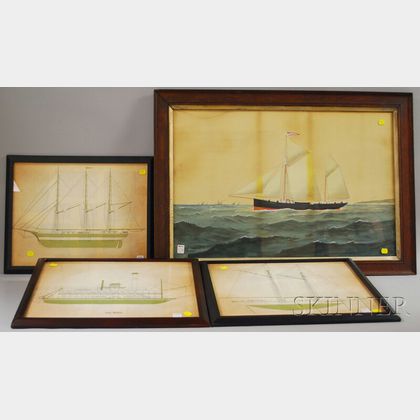 Late 19th Century British School Gouache on Paper Portrait of the Two-masted Sailing Ship Narcissus and Three Framed Boat Prints