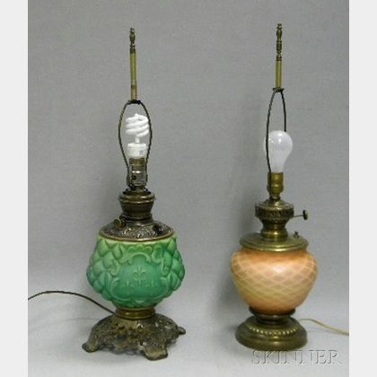 Two Late Victorian Art Glass Kerosene Table Lamps