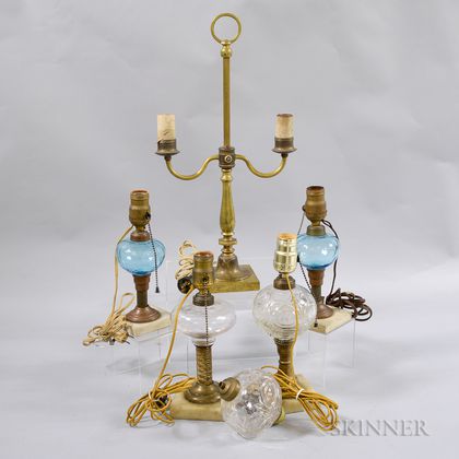 Five Brass and Glass Lamps. Estimate $150-200