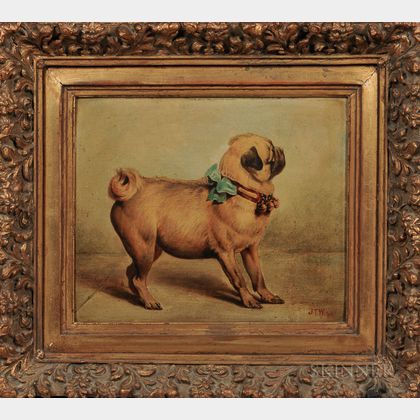 Continental School, 19th Century Pug with a Collar Bedecked with Bells and a Blue Bow