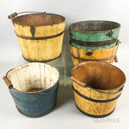 Five Painted Stave-constructed Swing-handle Buckets