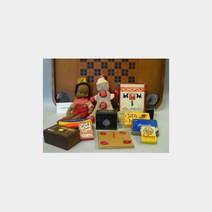 Group of Assorted Playing Cards, Board Games, a Carroms Board, Accessories and Two Cloth Dolls. 