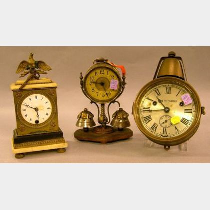 Seth Thomas Brass Ships Bell Wall Clock, a French Ormolu Mounted Alabaster and Slate Mantel Clock, and a Late Victorian Brass and Waln 
