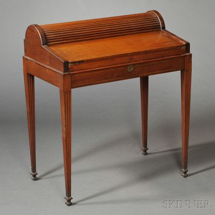 Federal Carved and Inlaid Mahogany Tambour Writing Desk on Frame