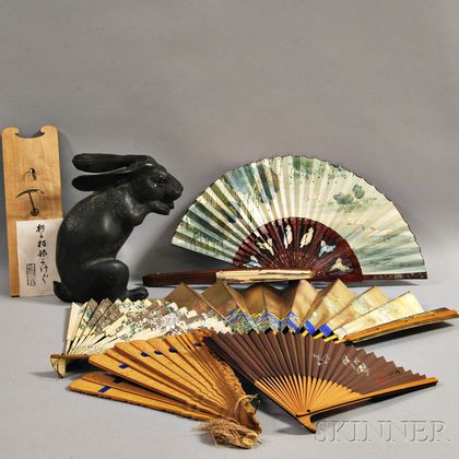 Cast Metal Rabbit and Six Fans and Fan Holder