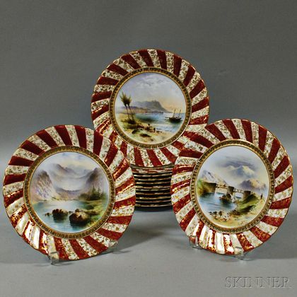 Set of Thirteen Burslem Hand-painted Porcelain Plates with Landscapes