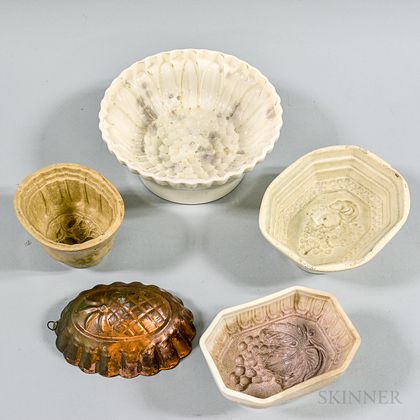 One Copper and Four Ceramic Food Molds