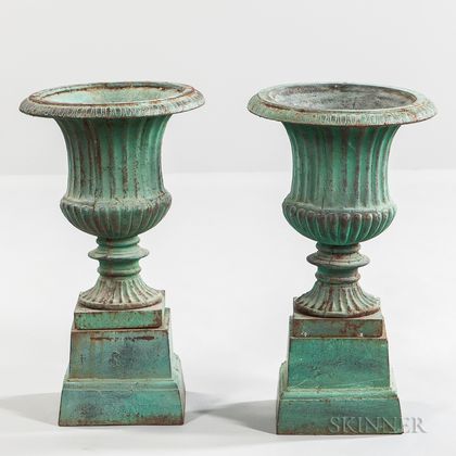 Pair of Blue-painted Cast Iron Urns