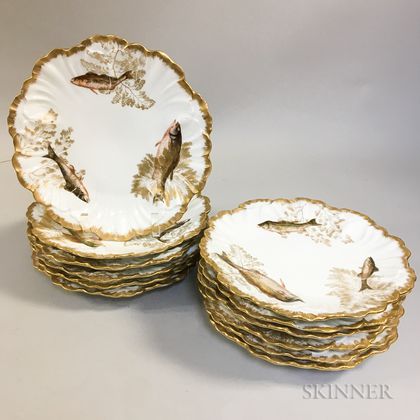 Set of Twelve Limoges Porcelain Fish Plates and a Platter