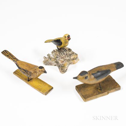 Three Carved and Painted Finches