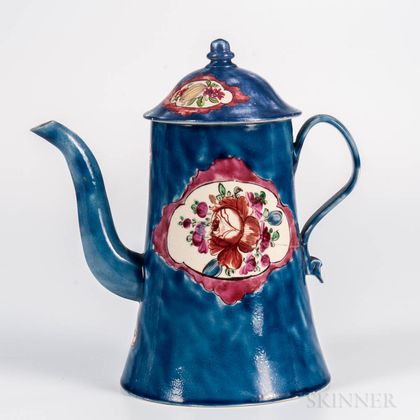 Staffordshire White Salt-glazed Stoneware Blue-ground Coffeepot and Cover