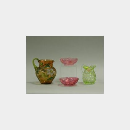 Two Victorian Art Glass Pitchers and Two Bowls. 