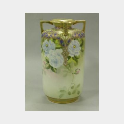 Large Nippon Handpainted Floral and Gilt Decorated Porcelain Vase. 