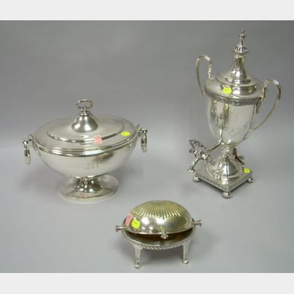 Silver Plated Covered Tureen, a Small Domed Warming Dish on Stand, and an English Silver Plated Hot Water Urn.... 