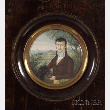 Portrait Miniature of a Young Man with a Dog in a Landscape