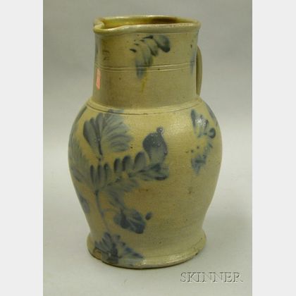 Cobalt Floral Decorated Two-Gallon Stoneware Pitcher. 