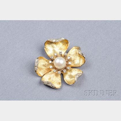 18kt Gold, Cultured Pearl, and Diamond Flower Brooch