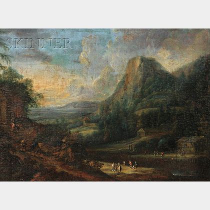 Dutch School, 17th Century Panoramic River Valley with Wayfarers and Villagers