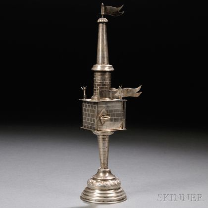 German Silver and Silver Filigree Tower-form Spice Container