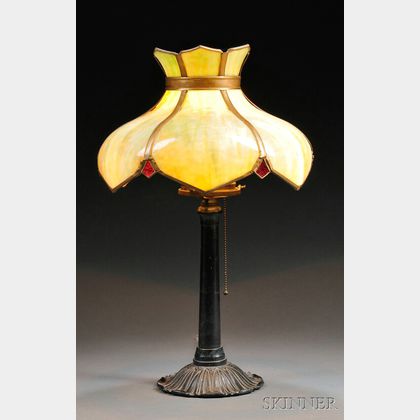 Slag Glass Bent Panel Table Lamp with a Cast Metal Base