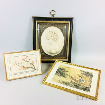 Two Framed Chinese Prints and a Ceramic Bust of a Woman