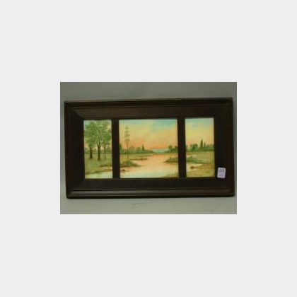 Framed Handpainted Landscape Decorated Ceramic Tile Triptych