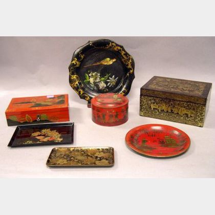 Seven Asian and Victorian Decorated Tin and Lacquer Boxes and Trays. 