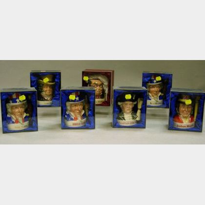 Seven Boxed Royal Doulton Jim Beam Whiskey Promotional Character Jugs. 