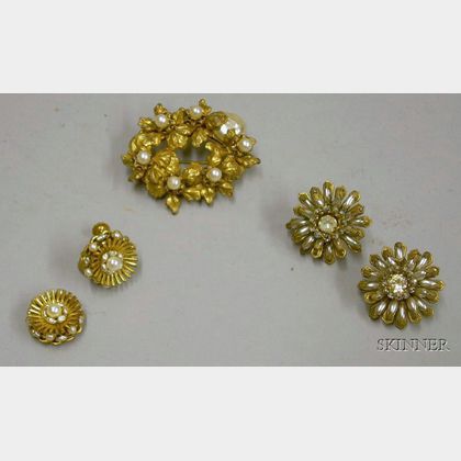 Miriam Haskell Brooch and Two Pairs of Miriam Haskell Earrings, 1950s-60s