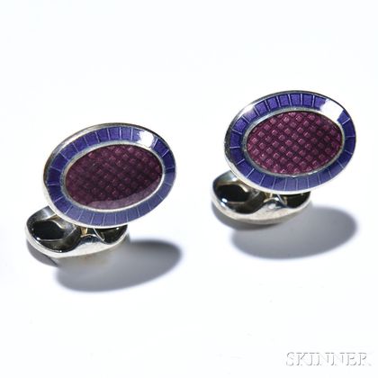Pair of Oval Cuff Links, Deakin & Francis, sterling silver and two-tone purple enamel, signed. 